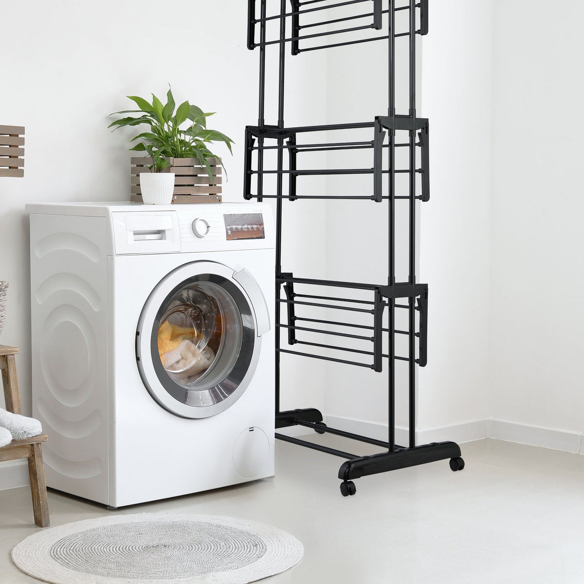 Rolling Laundry Rack with Foldable Wings and Hangers