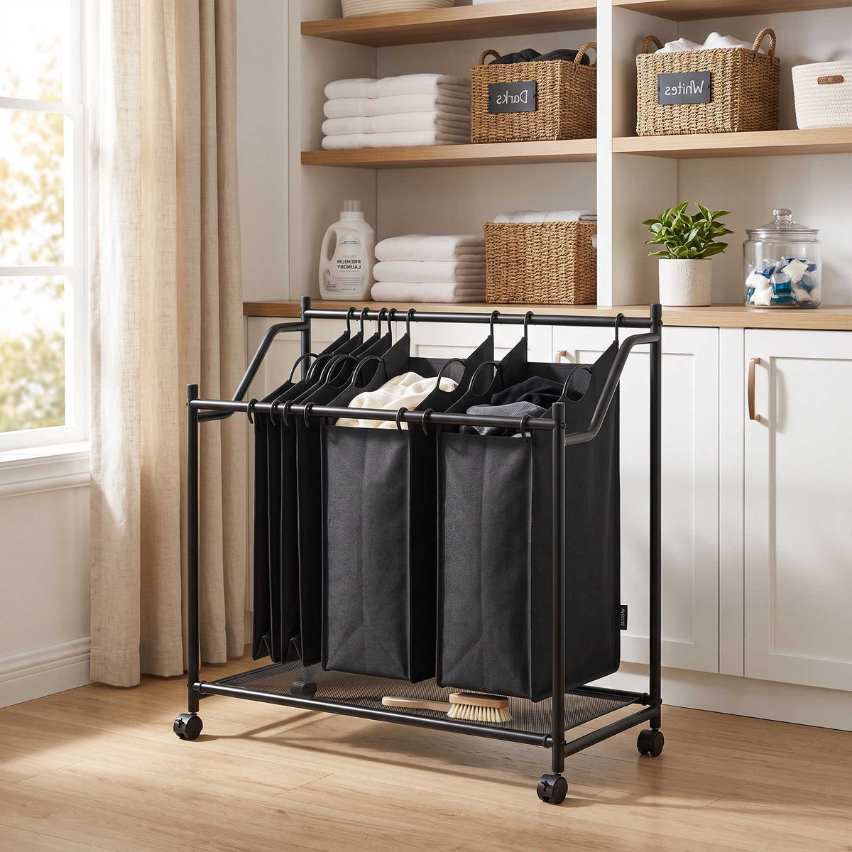 Rolling Laundry Sorter with 4 Removable Bags, Black, 108L