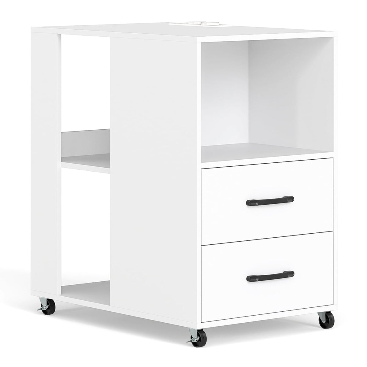 Rolling Nightstand with Charging Station & Storage Shelves
