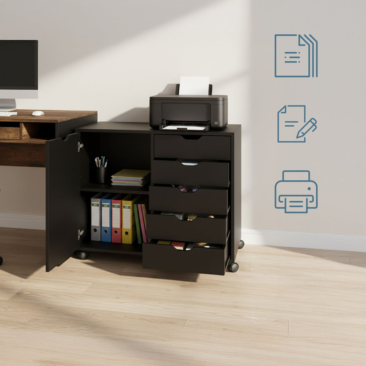Rolling Office Cart with 5 Drawers & 2 Shelves