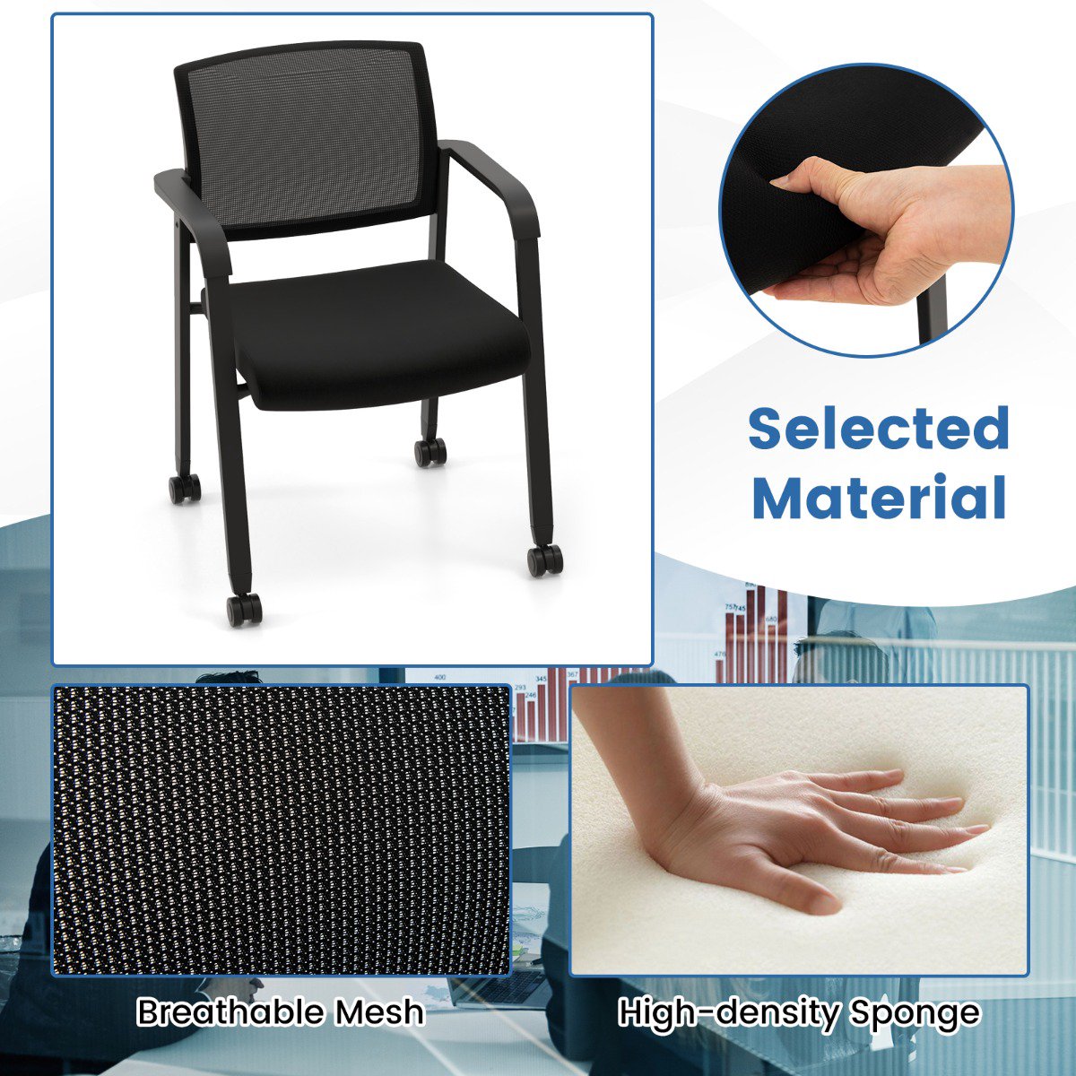 Rolling Office Chairs, Mesh Back, Stackable, Set of 2