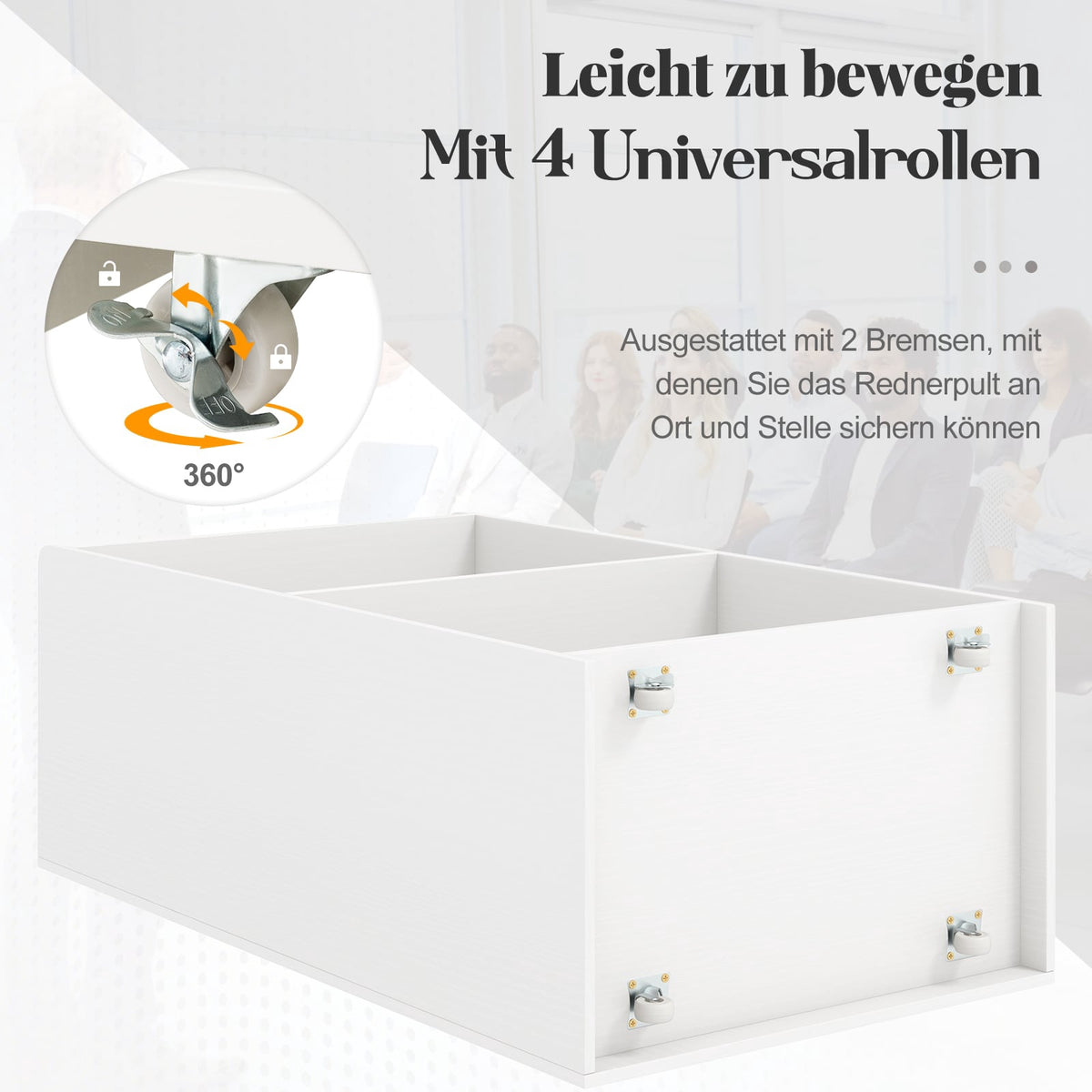 Rolling Podium Stand with 2 Shelves, 4 Wheels, White
