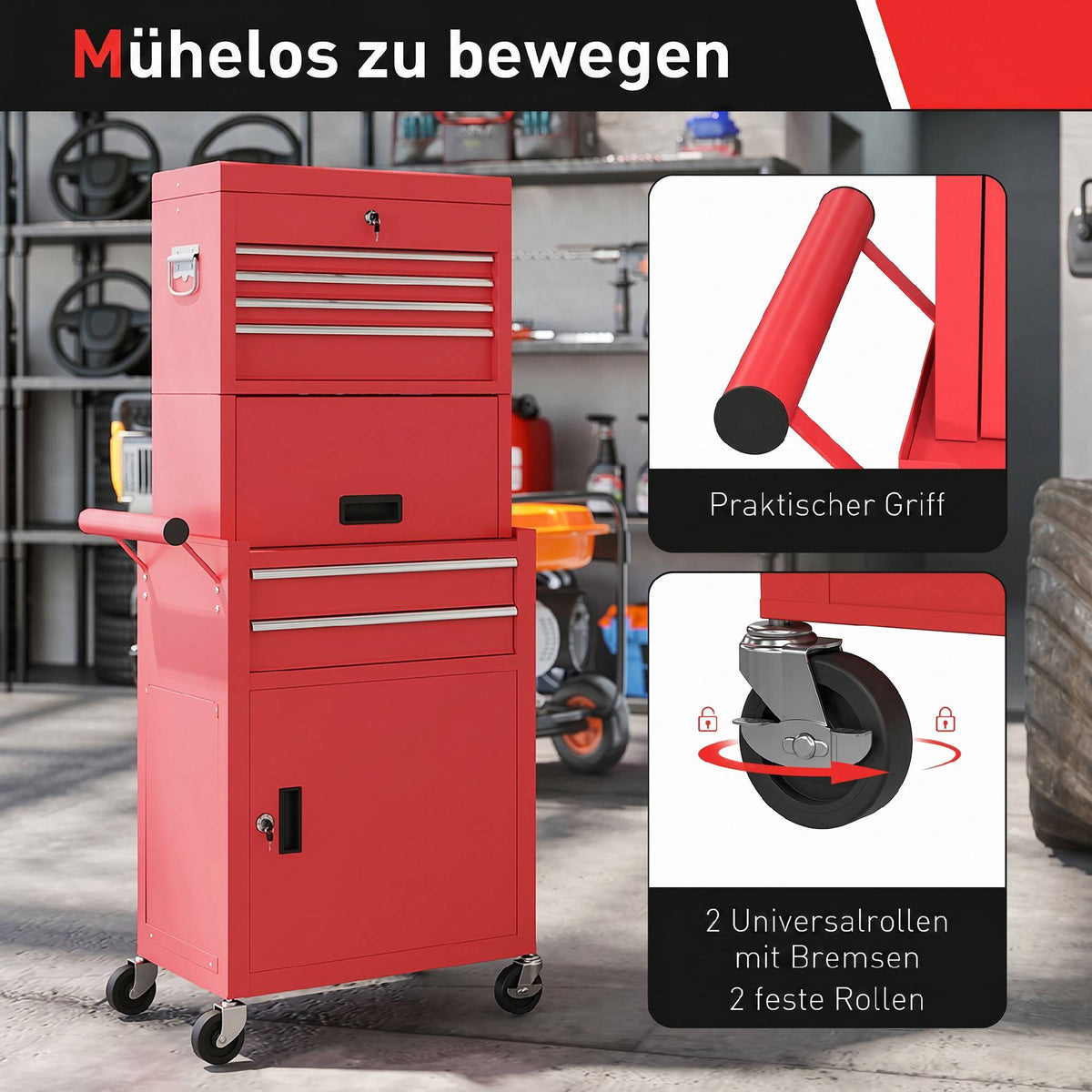 Rolling Steel Tool Cabinet, Lockable, 6 Drawers, 2 Cabinets, Red