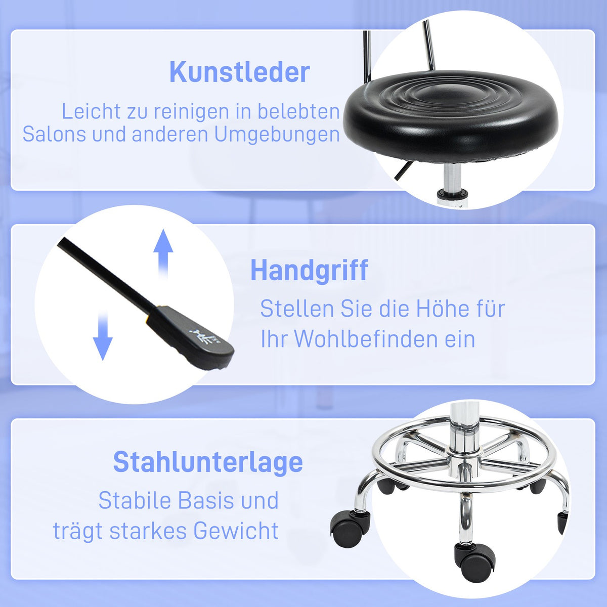 Rolling Stool Height-Adjustable Swivel Salon Stool with Backrest, Wheels, Work Stool with Adjustable Footrest for Office, Faux Leather, 32 x 40 x 70-86 cm, Black