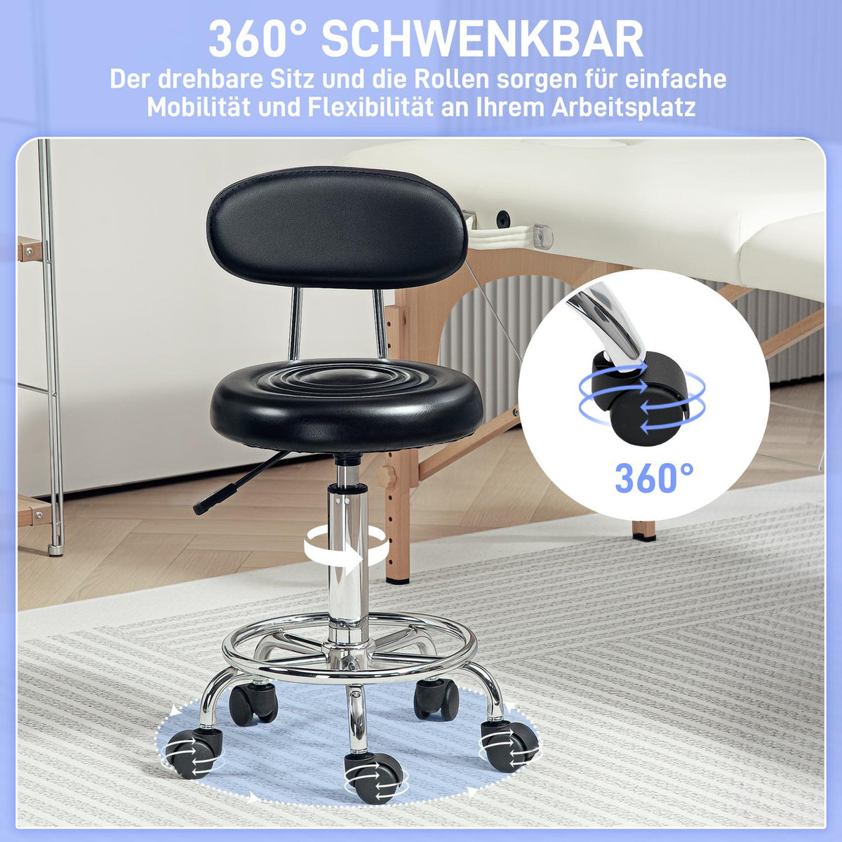 Rolling Stool Height-Adjustable Swivel Salon Stool with Backrest, Wheels, Work Stool with Adjustable Footrest for Office, Faux Leather, 32 x 40 x 70-86 cm, Black