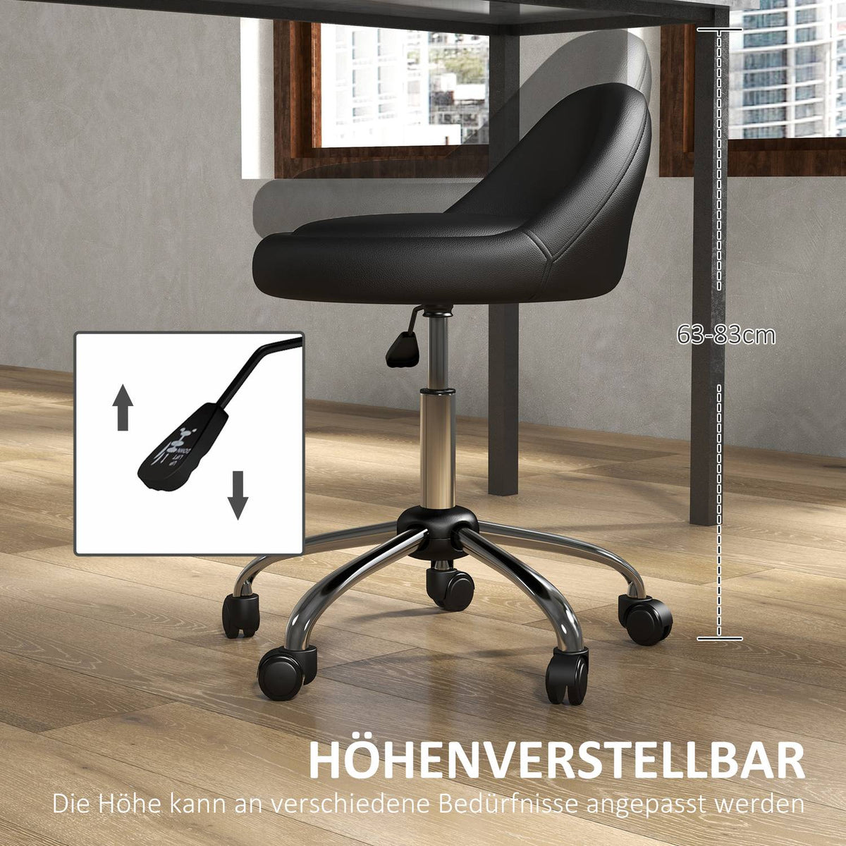 Rolling Stool Height-Adjustable Work Stool 63-83 Cm Swivel Stool With Wheels Swivel Salon Chair Salon Stool Faux Leather Black