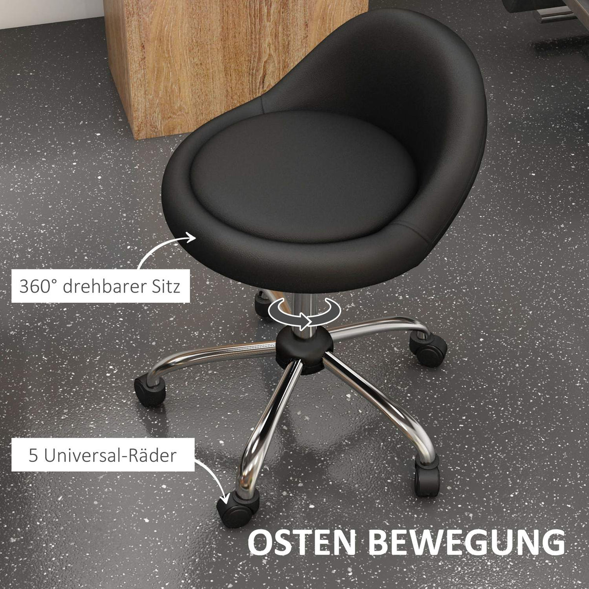 Rolling Stool Height-Adjustable Work Stool 63-83 Cm Swivel Stool With Wheels Swivel Salon Chair Salon Stool Faux Leather Black