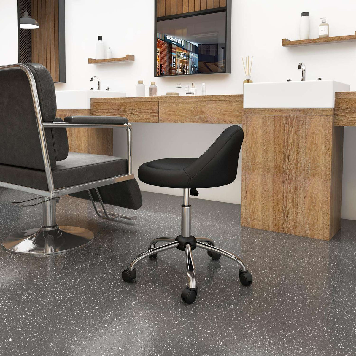 Rolling Stool Height-Adjustable Work Stool 63-83 Cm Swivel Stool With Wheels Swivel Salon Chair Salon Stool Faux Leather Black