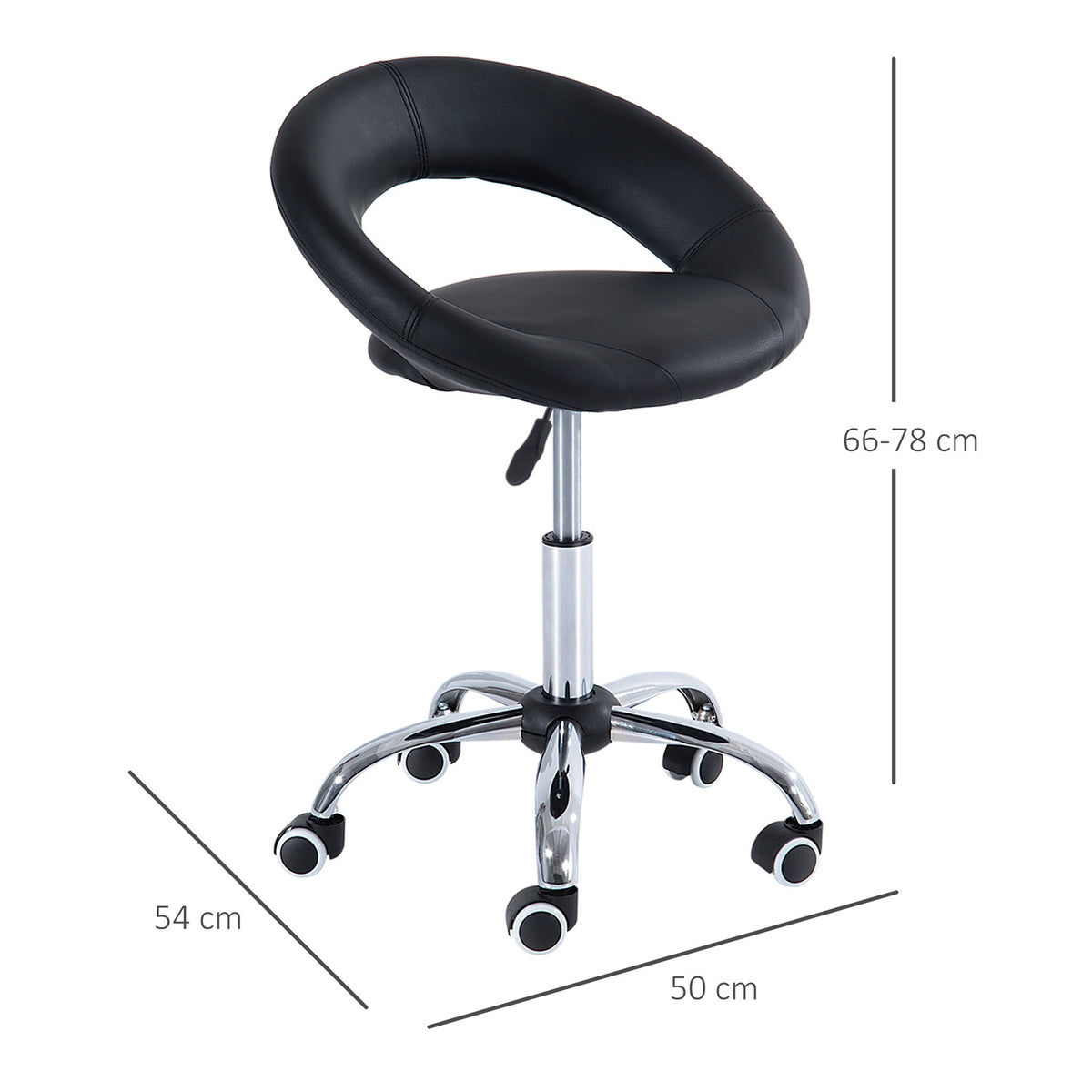 Rolling Stool, Work Stool, Swivel Stool, Office Chair, Height-Adjustable, Pu + Metal, Black, 50 X 54 X (66-78) Cm