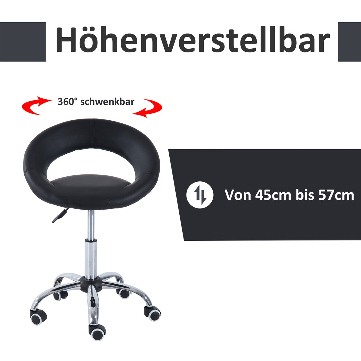 Rolling Stool, Work Stool, Swivel Stool, Office Chair, Height-Adjustable, Pu + Metal, Black, 50 X 54 X (66-78) Cm