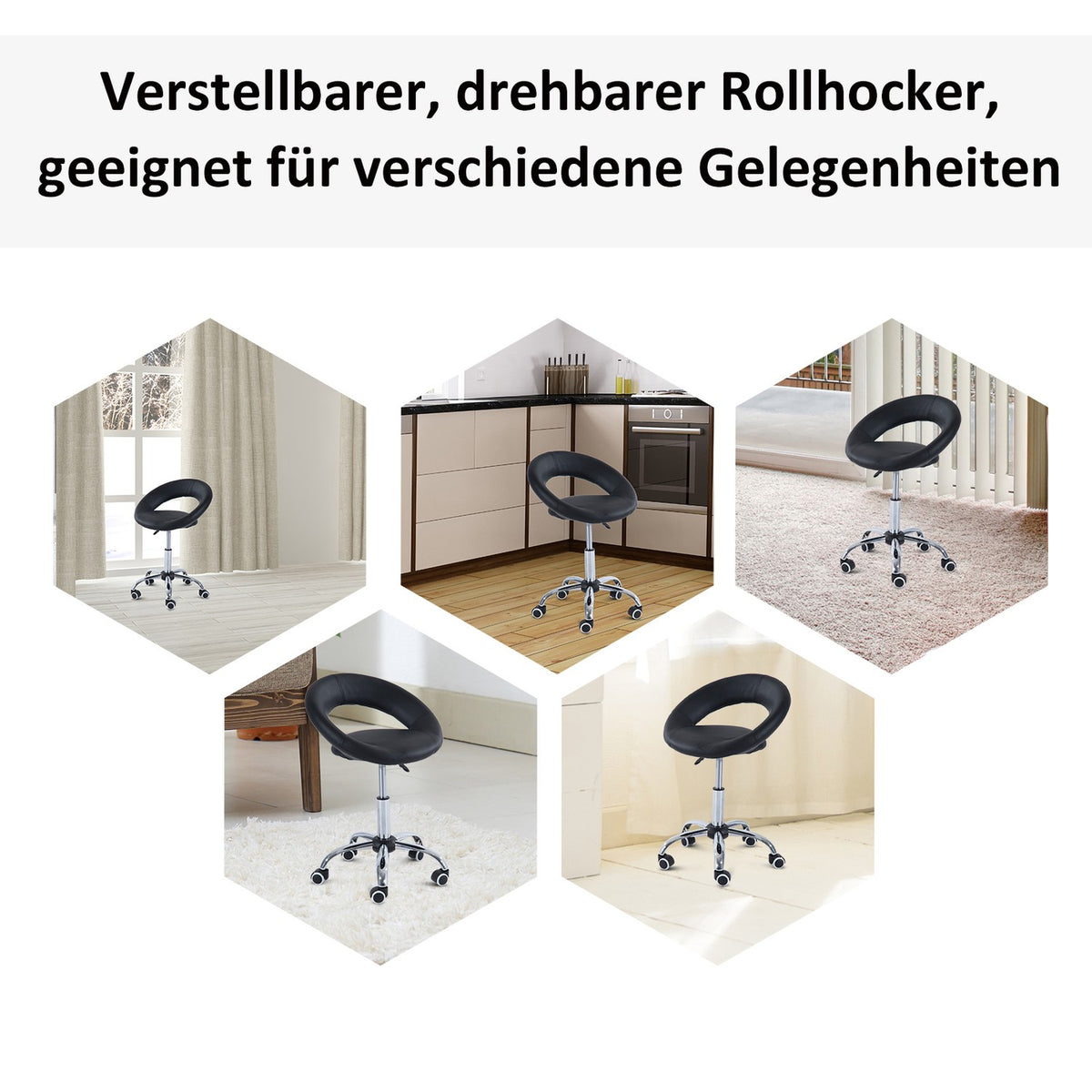 Rolling Stool, Work Stool, Swivel Stool, Office Chair, Height-Adjustable, Pu + Metal, Black, 50 X 54 X (66-78) Cm