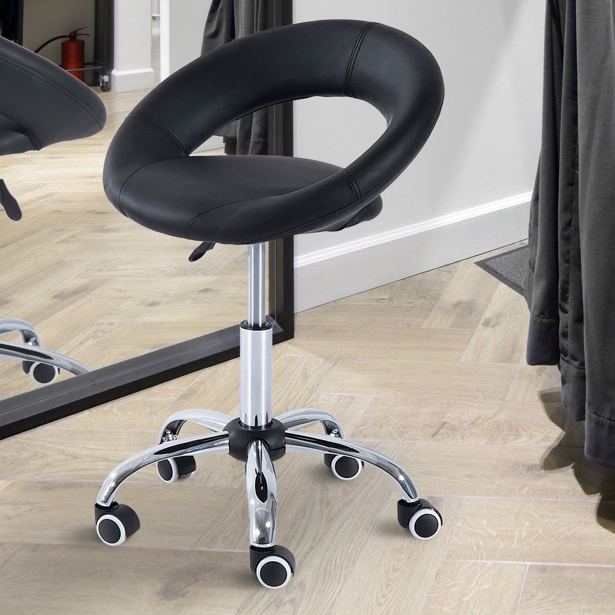 Rolling Stool, Work Stool, Swivel Stool, Office Chair, Height-Adjustable, Pu + Metal, Black, 50 X 54 X (66-78) Cm