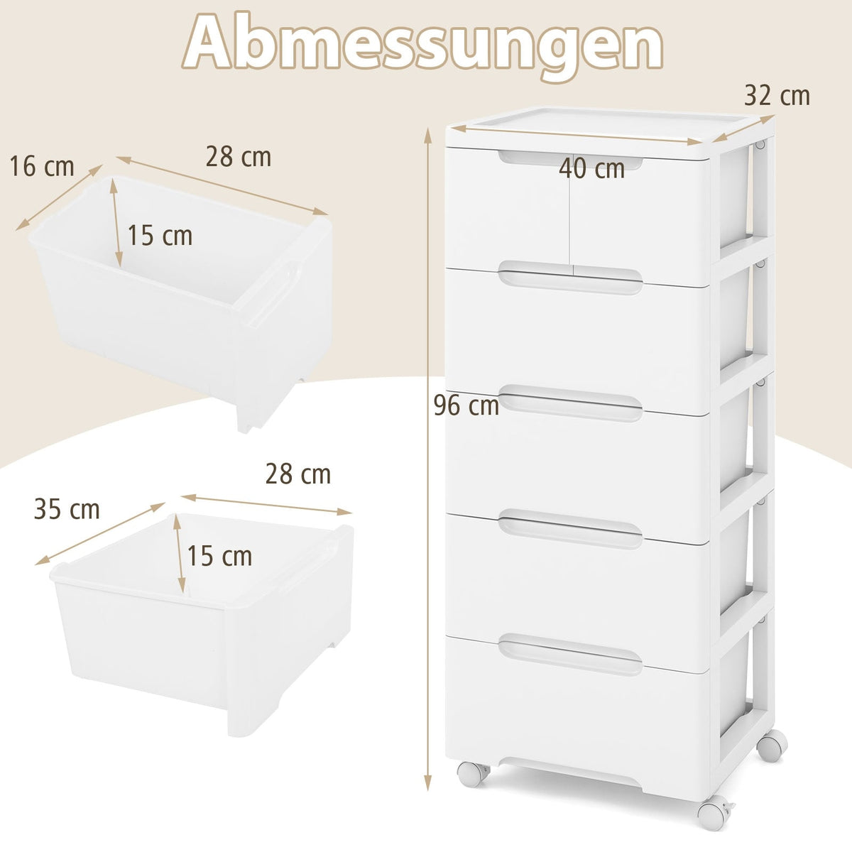 Rolling Storage Cabinet with 6 Drawers, PP Material