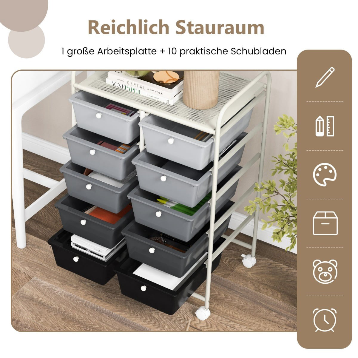 Rolling Storage Cart with 10 Drawers, Lockable Wheels