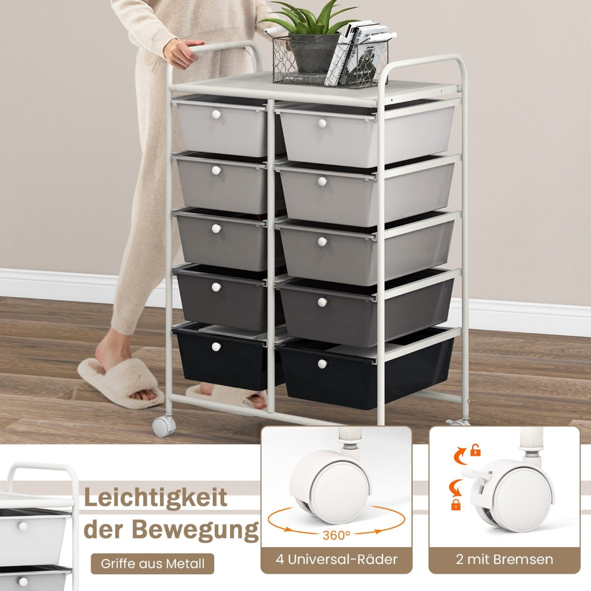 Rolling Storage Cart with 10 Drawers, Lockable Wheels