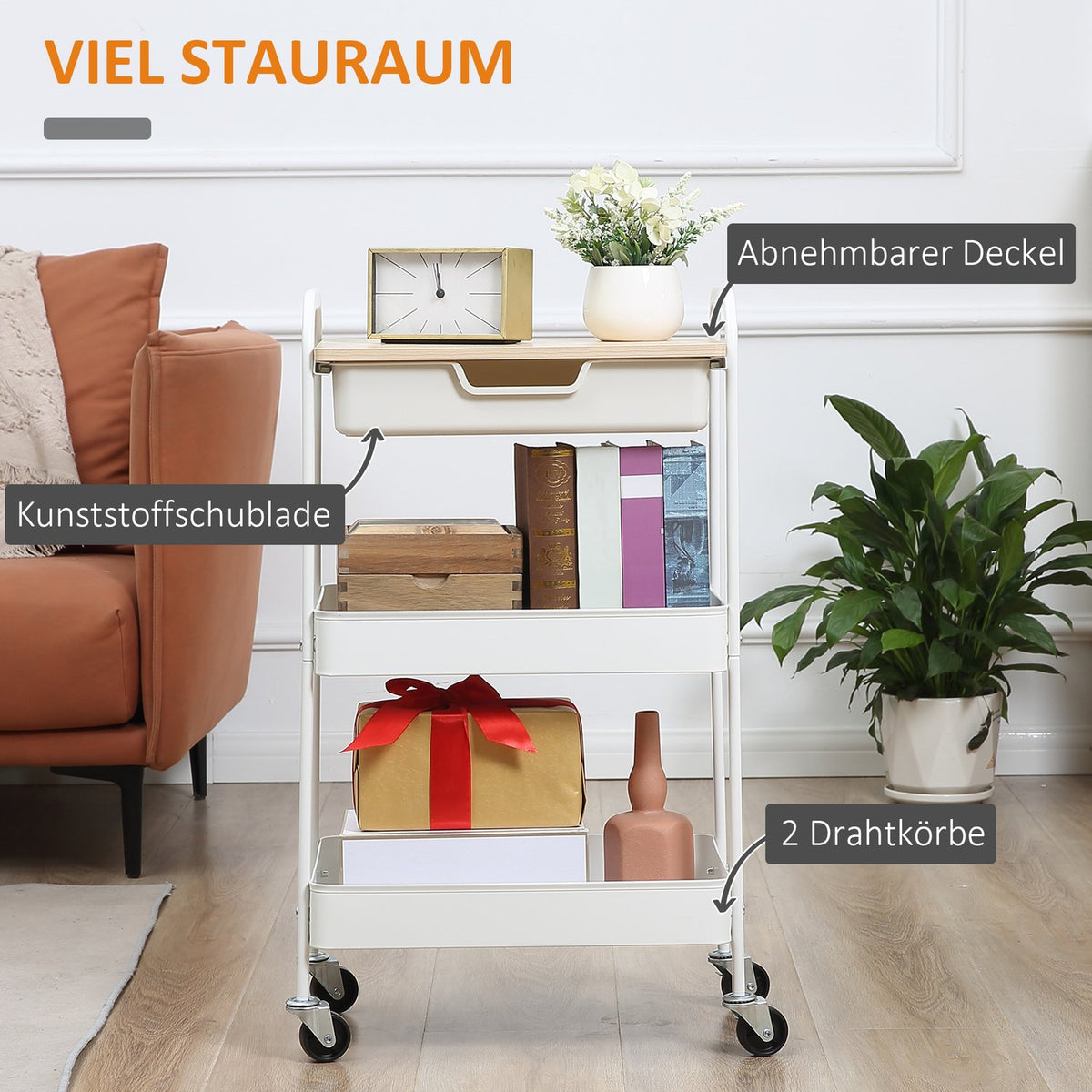 Rolling Storage Cart with Shelves and Drawer, White Steel