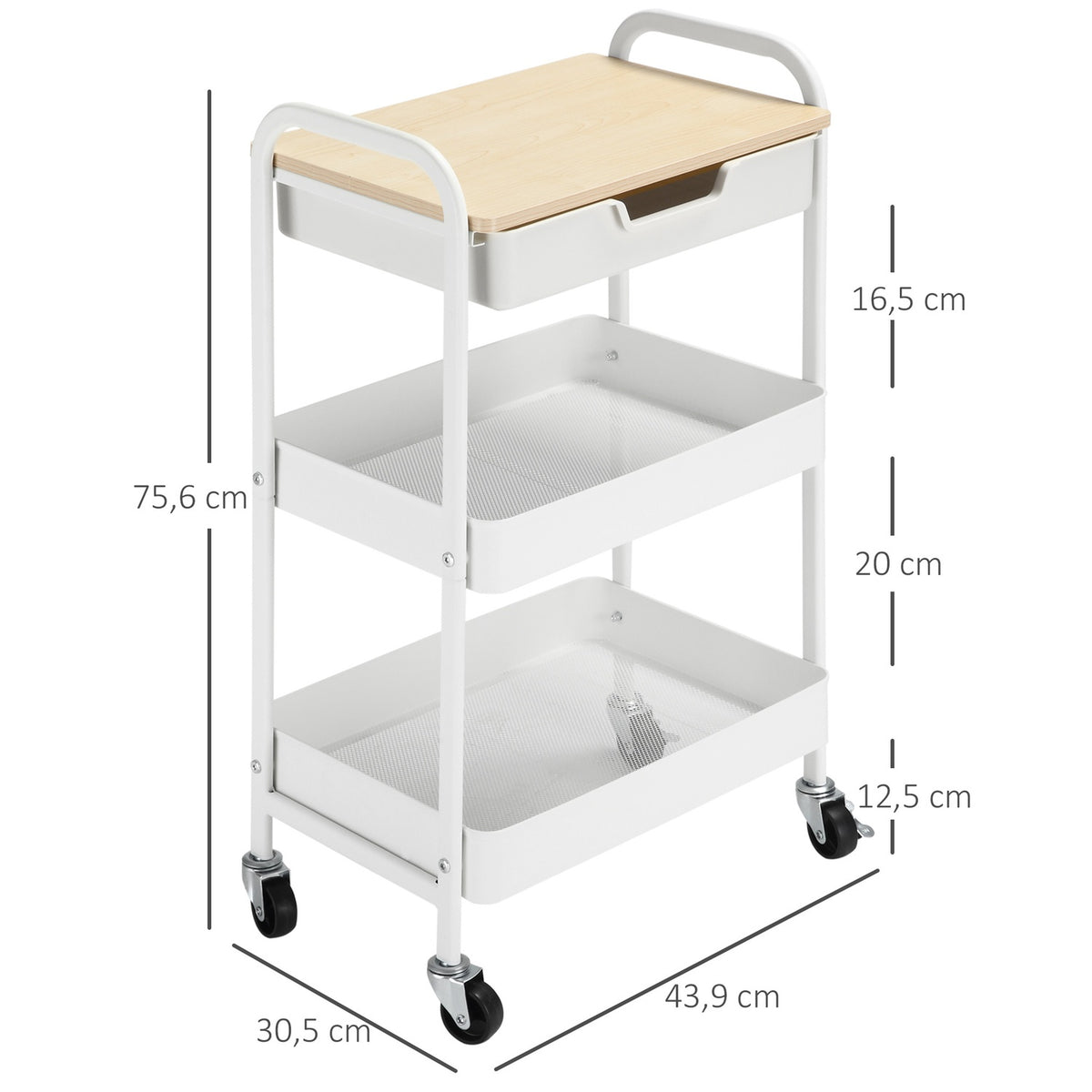 Rolling Storage Cart with Shelves and Drawer, White Steel