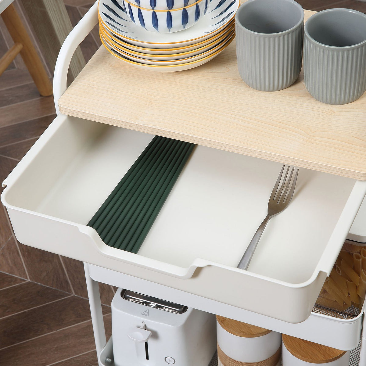 Rolling Storage Cart with Shelves and Drawer, White Steel
