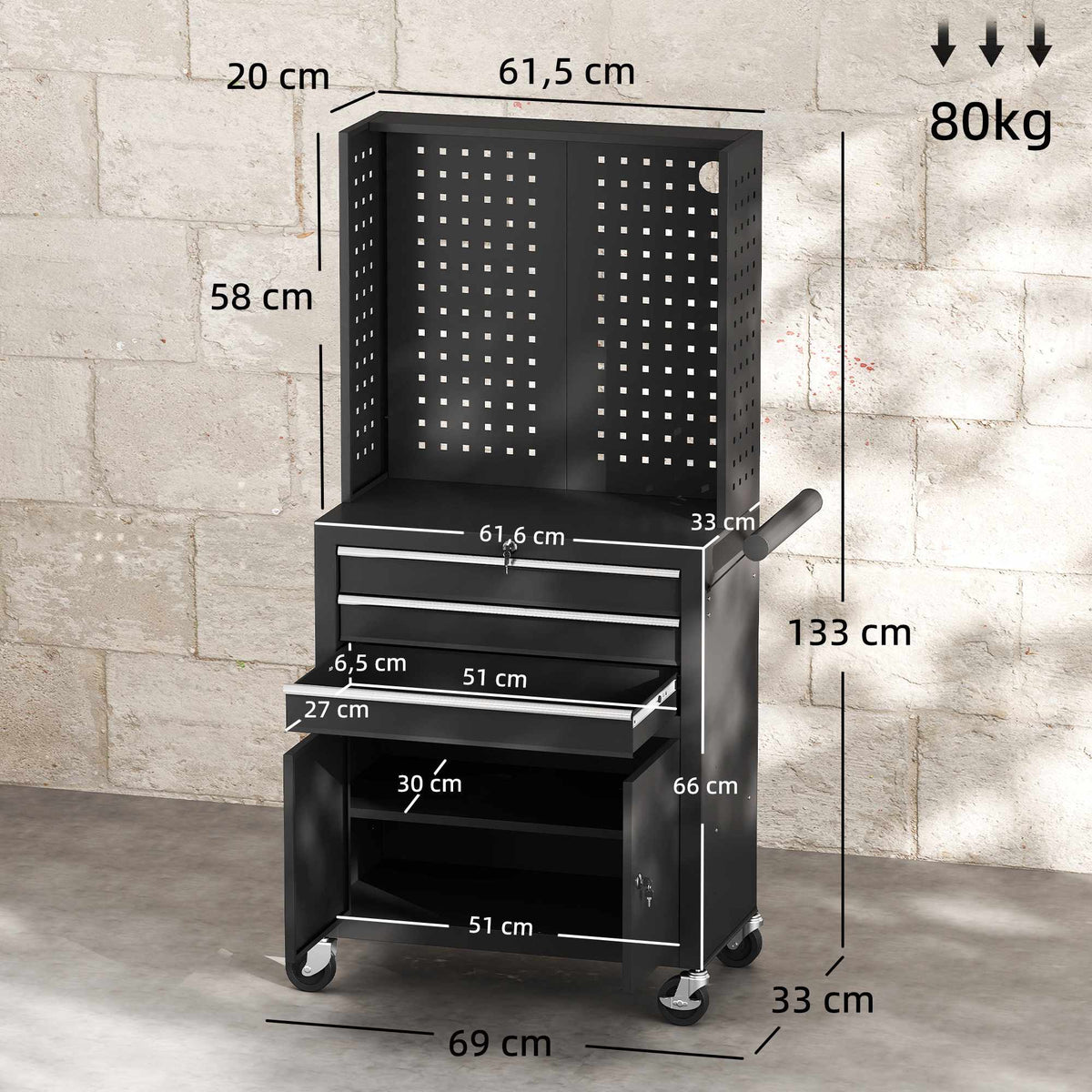 Rolling Tool Cabinet With Pegboard, 3 Drawers, Black