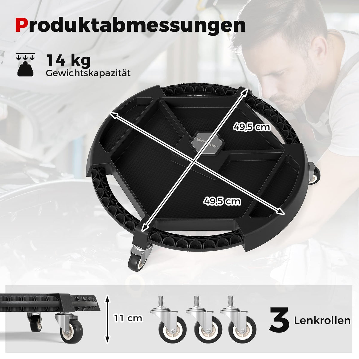 Rolling Tool Creeper with 3 Swivel Wheels, 4 Compartments
