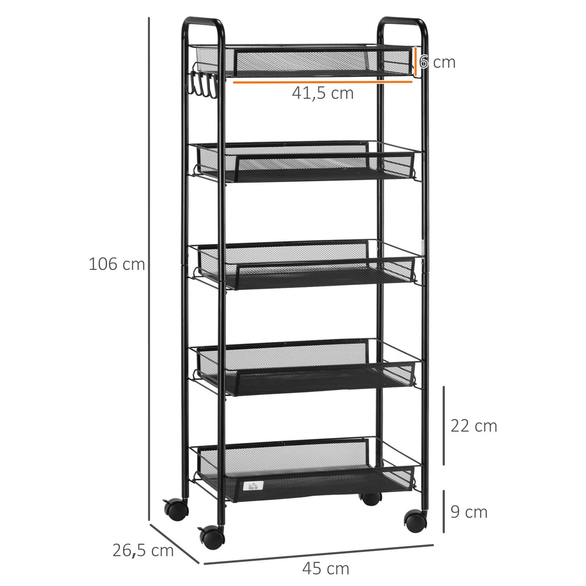 Rolling Trolley 4 Tier Serving Trolley 5 Baskets Storage Trolley with Handle Kitchen Trolley for Kitchen Living Room Steel Black
