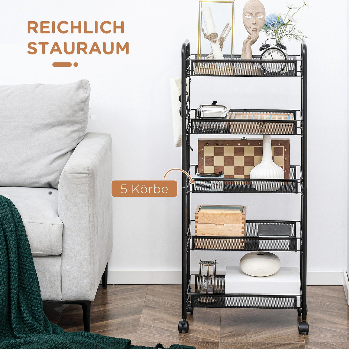Rolling Trolley 4 Tier Serving Trolley 5 Baskets Storage Trolley with Handle Kitchen Trolley for Kitchen Living Room Steel Black