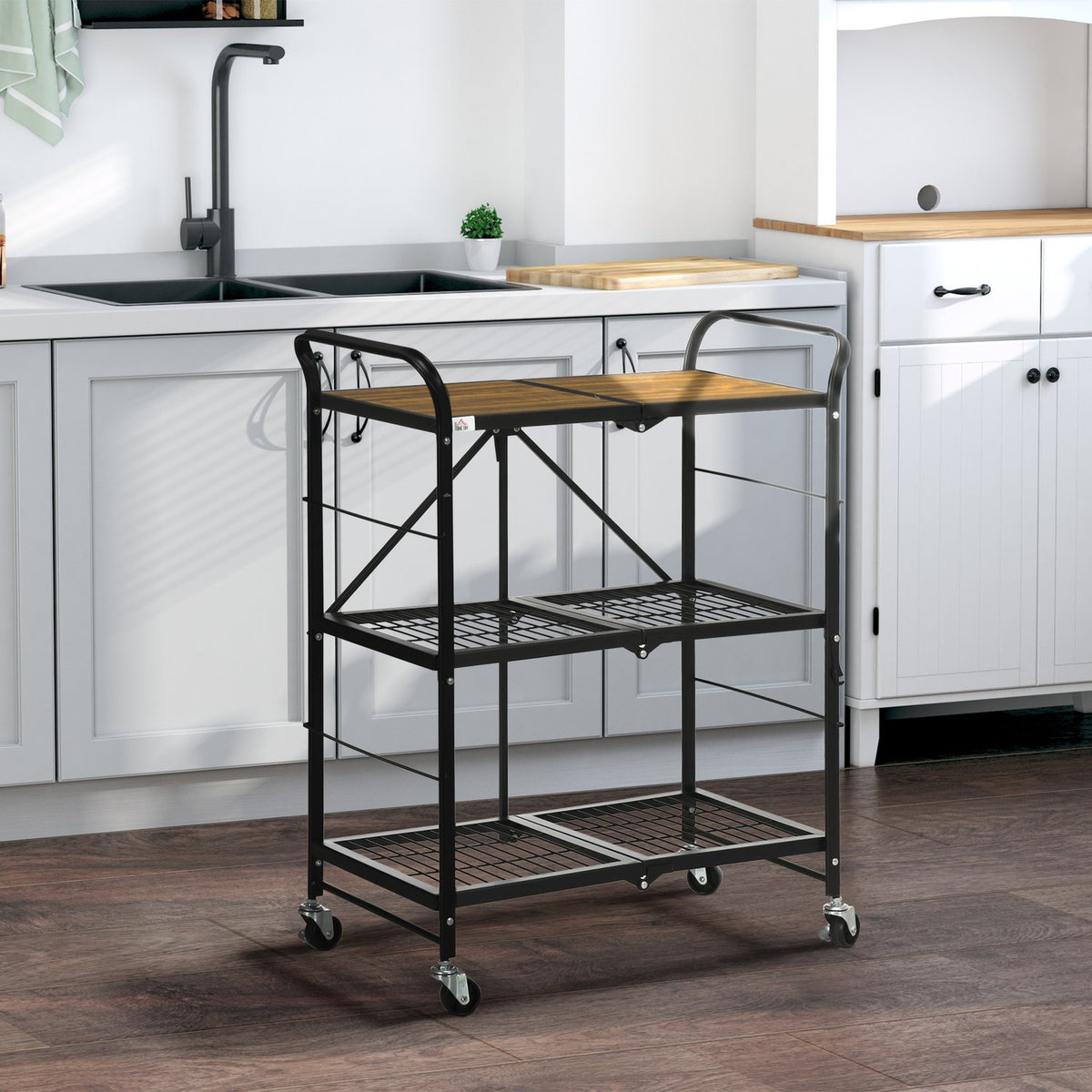 Rolling Trolley, Folding Kitchen Trolley, Serving Trolley With 3 Levels And Handle, On 4 Wheels, Steel, Brown + Black