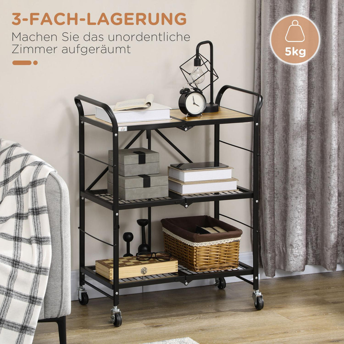 Rolling Trolley, Folding Kitchen Trolley, Serving Trolley With 3 Levels And Handle, On 4 Wheels, Steel, Brown + Black
