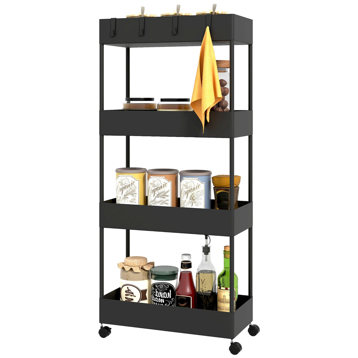 Rolling Trolley, Kitchen Shelf with 4 Tiers, Storage Rack with Wheels, Kitchen Trolley with Brakes, Serving Trolley for Kitchen, Bedroom, Living Room, Plastic, Black, 40 x 19 x 90 cm |