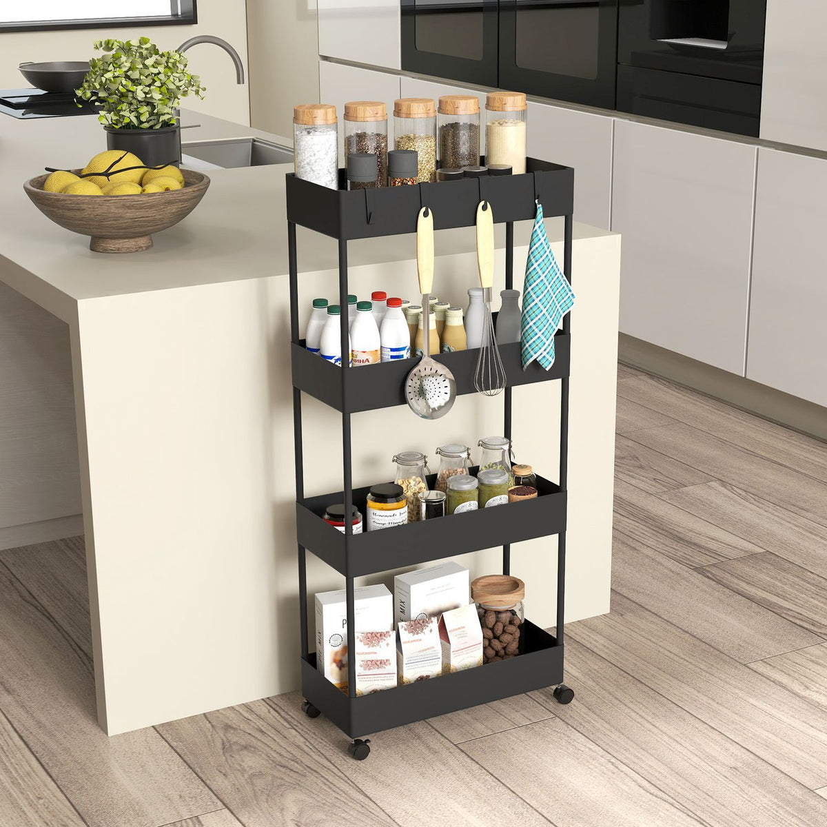 Rolling Trolley, Kitchen Shelf with 4 Tiers, Storage Rack with Wheels, Kitchen Trolley with Brakes, Serving Trolley for Kitchen, Bedroom, Living Room, Plastic, Black, 40 x 19 x 90 cm |