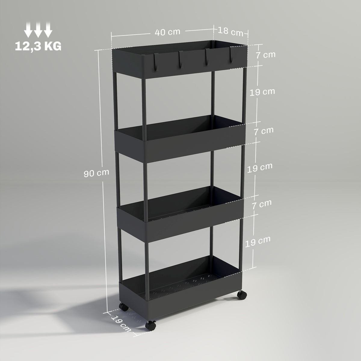 Rolling Trolley, Kitchen Shelf with 4 Tiers, Storage Rack with Wheels, Kitchen Trolley with Brakes, Serving Trolley for Kitchen, Bedroom, Living Room, Plastic, Black, 40 x 19 x 90 cm |