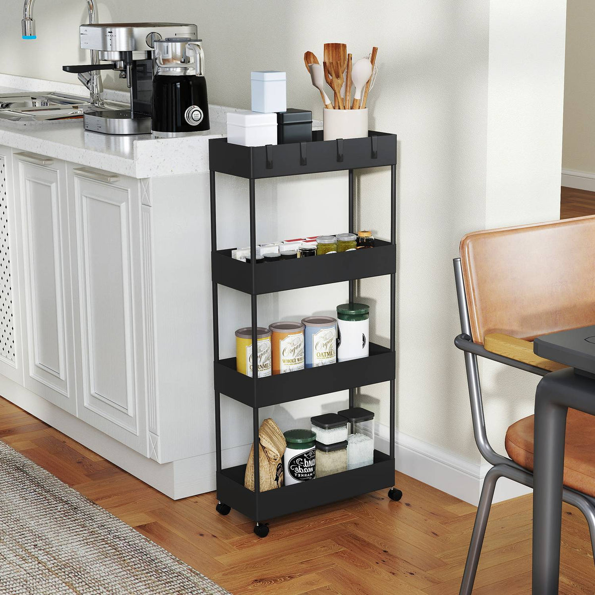 Rolling Trolley, Kitchen Shelf with 4 Tiers, Storage Rack with Wheels, Kitchen Trolley with Brakes, Serving Trolley for Kitchen, Bedroom, Living Room, Plastic, Black, 40 x 19 x 90 cm |