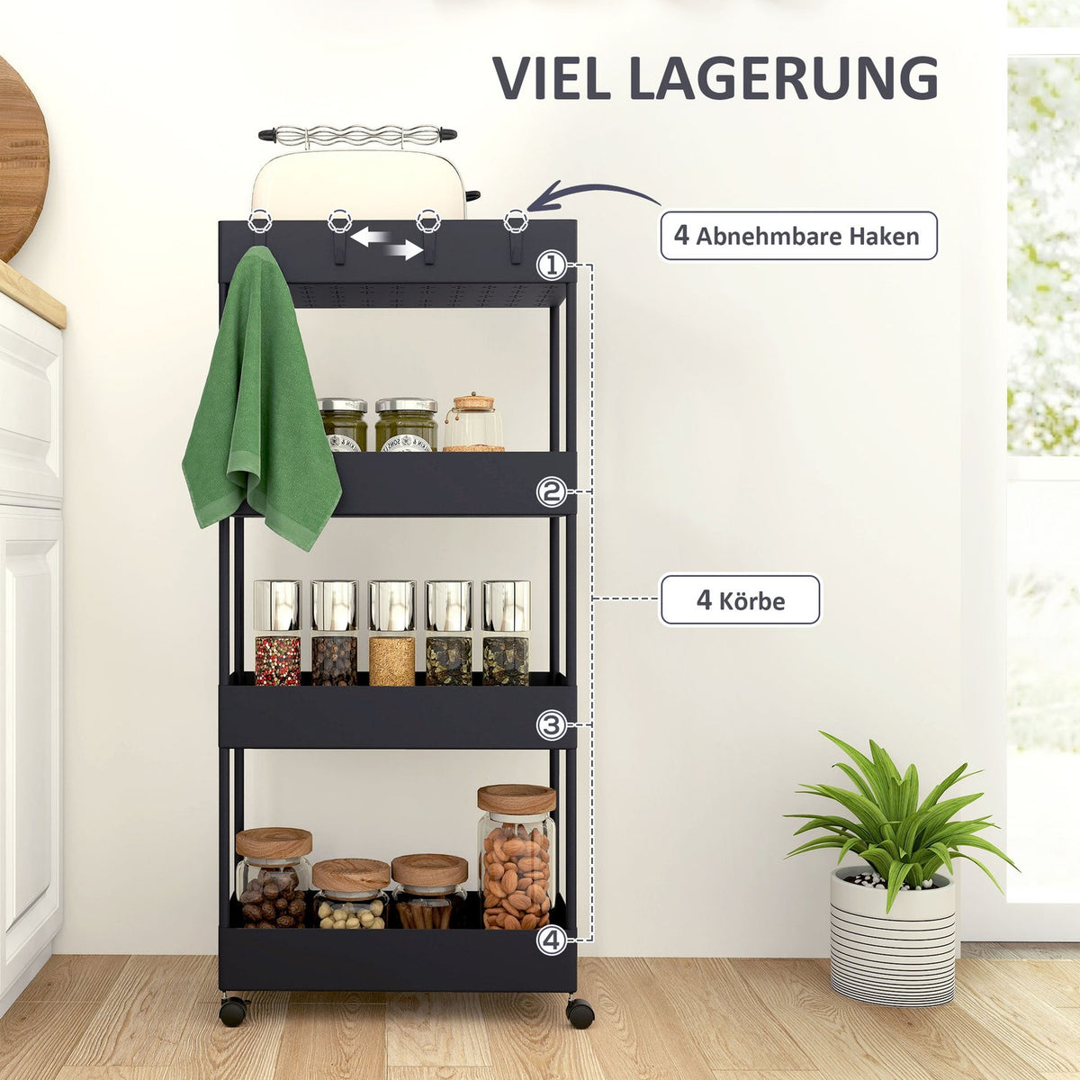 Rolling Trolley, Kitchen Shelf with 4 Tiers, Storage Rack with Wheels, Kitchen Trolley with Brakes, Serving Trolley for Kitchen, Bedroom, Living Room, Plastic, Black, 40 x 19 x 90 cm |