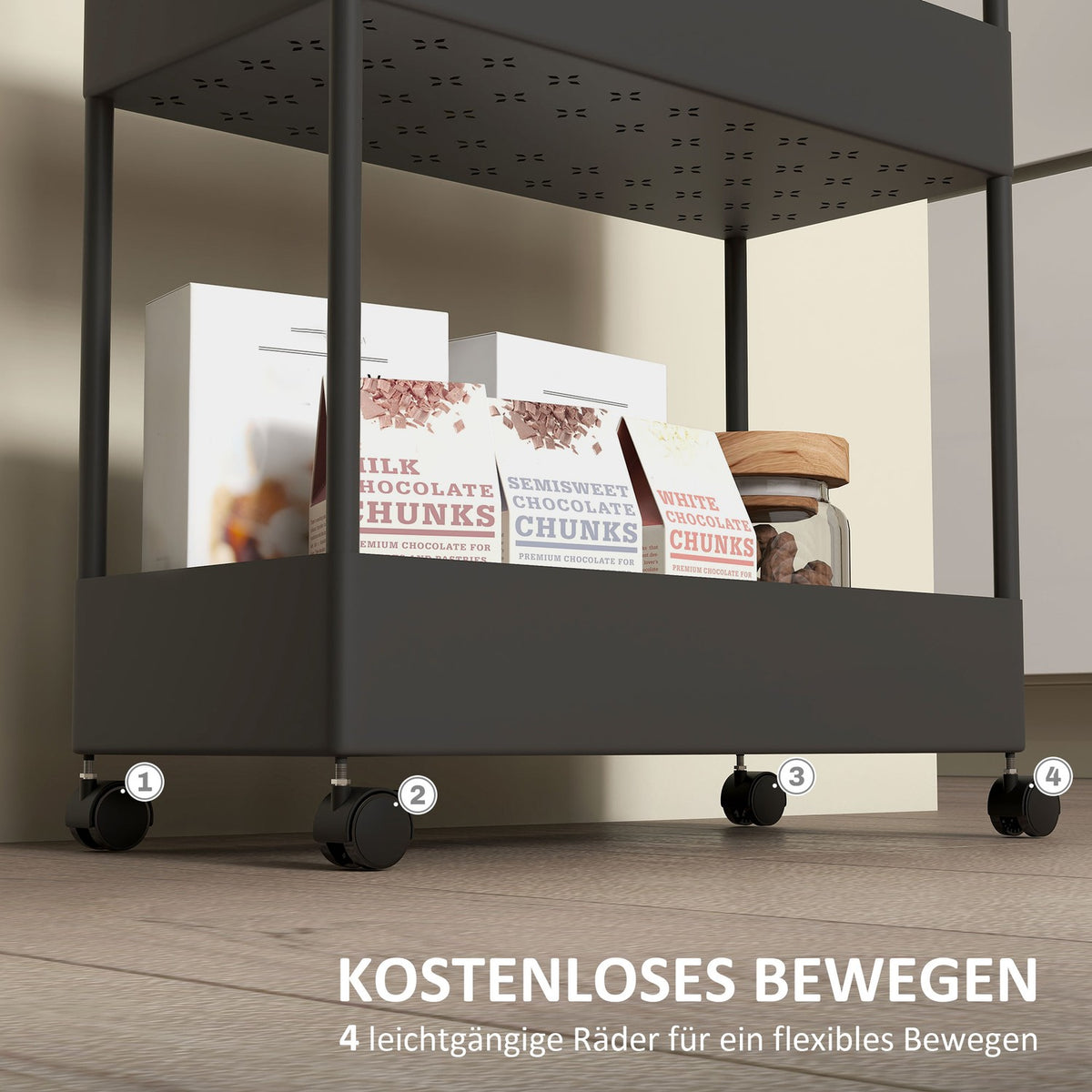 Rolling Trolley, Kitchen Shelf with 4 Tiers, Storage Rack with Wheels, Kitchen Trolley with Brakes, Serving Trolley for Kitchen, Bedroom, Living Room, Plastic, Black, 40 x 19 x 90 cm |