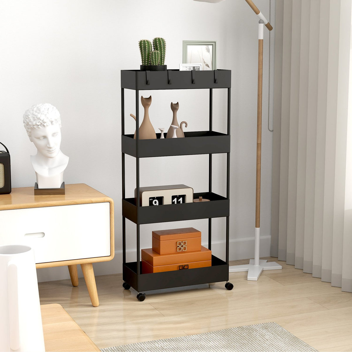 Rolling Trolley, Kitchen Shelf with 4 Tiers, Storage Rack with Wheels, Kitchen Trolley with Brakes, Serving Trolley for Kitchen, Bedroom, Living Room, Plastic, Black, 40 x 19 x 90 cm |