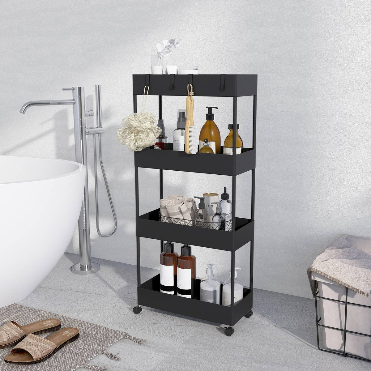 Rolling Trolley, Kitchen Shelf with 4 Tiers, Storage Rack with Wheels, Kitchen Trolley with Brakes, Serving Trolley for Kitchen, Bedroom, Living Room, Plastic, Black, 40 x 19 x 90 cm |