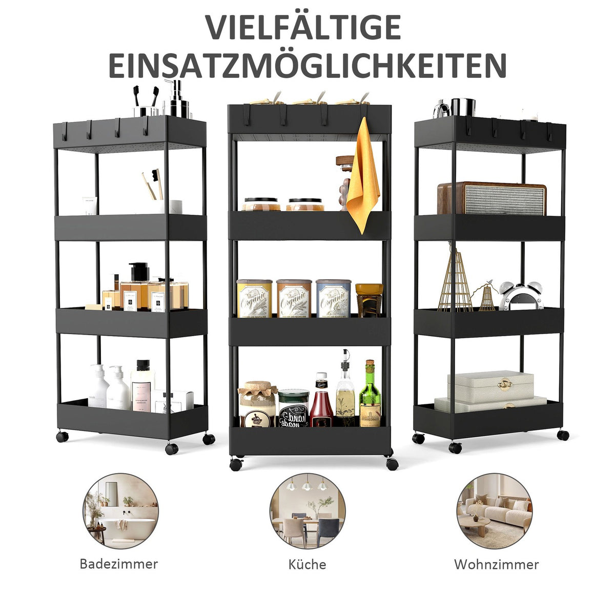 Rolling Trolley, Kitchen Shelf with 4 Tiers, Storage Rack with Wheels, Kitchen Trolley with Brakes, Serving Trolley for Kitchen, Bedroom, Living Room, Plastic, Black, 40 x 19 x 90 cm |