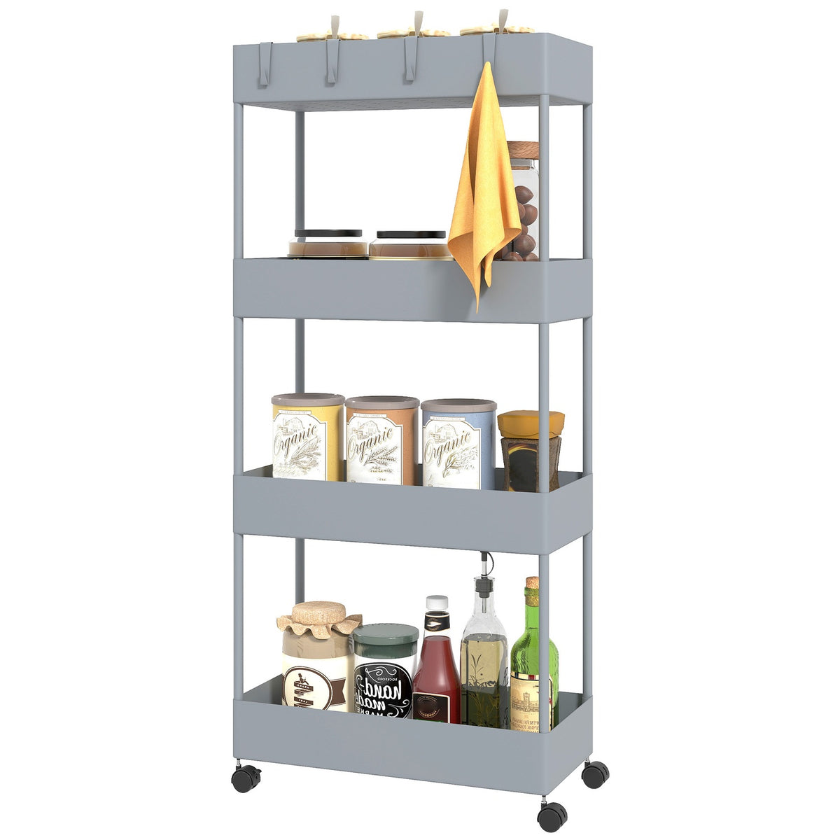 Rolling Trolley, Kitchen Shelf with 4 Tiers, Storage Rack with Wheels, Kitchen Trolley with Brakes, Serving Trolley for Kitchen, Bedroom, Living Room, Plastic, Gray, 40 x 19 x 90 cm |