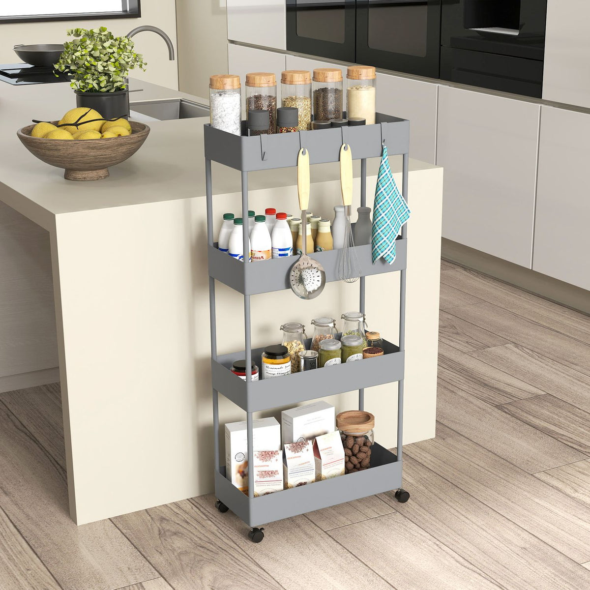 Rolling Trolley, Kitchen Shelf with 4 Tiers, Storage Rack with Wheels, Kitchen Trolley with Brakes, Serving Trolley for Kitchen, Bedroom, Living Room, Plastic, Gray, 40 x 19 x 90 cm |