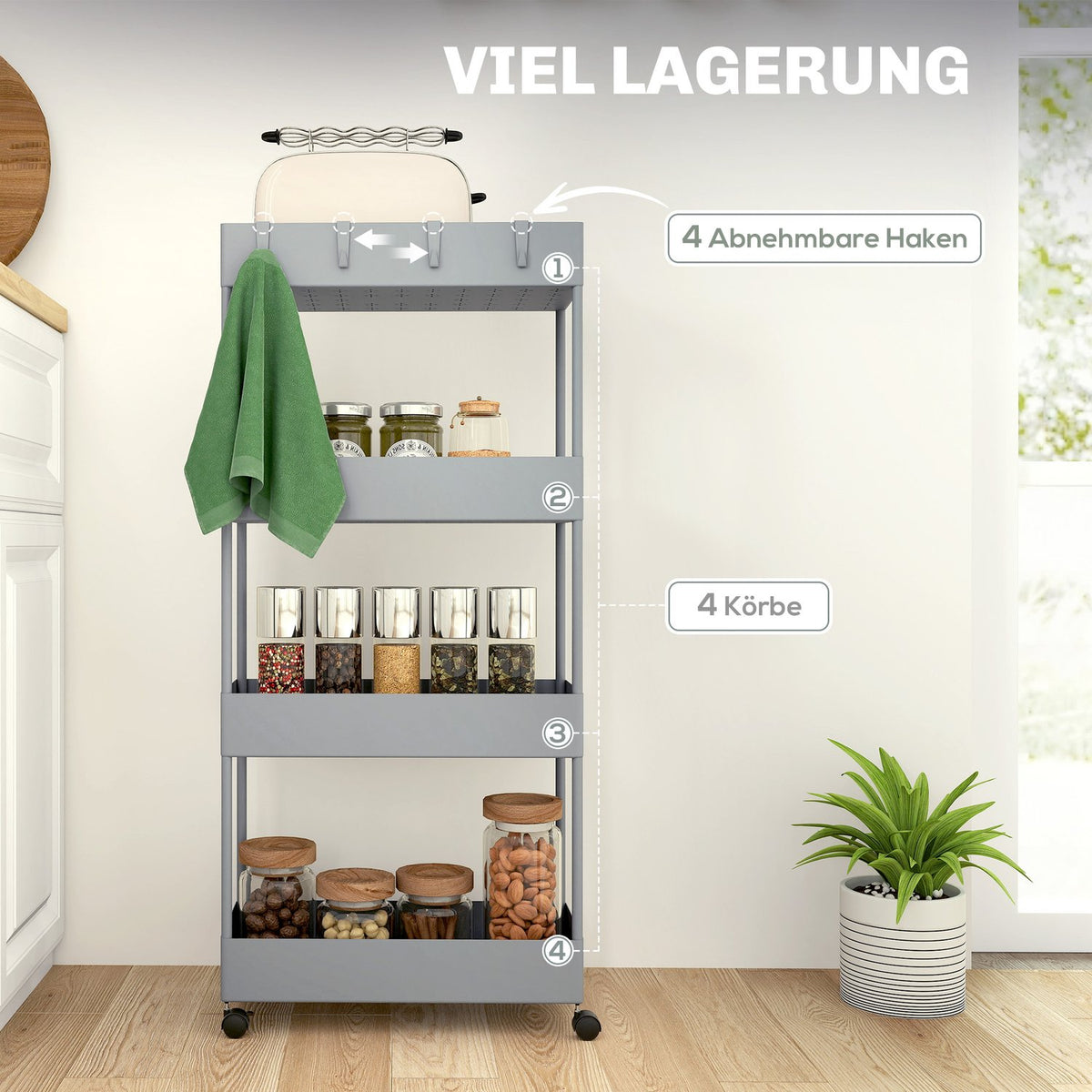 Rolling Trolley, Kitchen Shelf with 4 Tiers, Storage Rack with Wheels, Kitchen Trolley with Brakes, Serving Trolley for Kitchen, Bedroom, Living Room, Plastic, Gray, 40 x 19 x 90 cm |