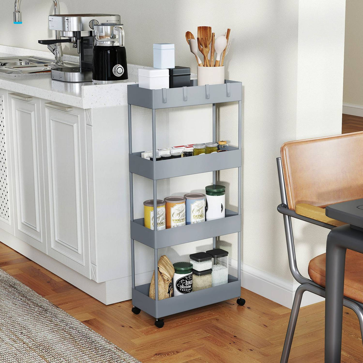 Rolling Trolley, Kitchen Shelf with 4 Tiers, Storage Rack with Wheels, Kitchen Trolley with Brakes, Serving Trolley for Kitchen, Bedroom, Living Room, Plastic, Gray, 40 x 19 x 90 cm |