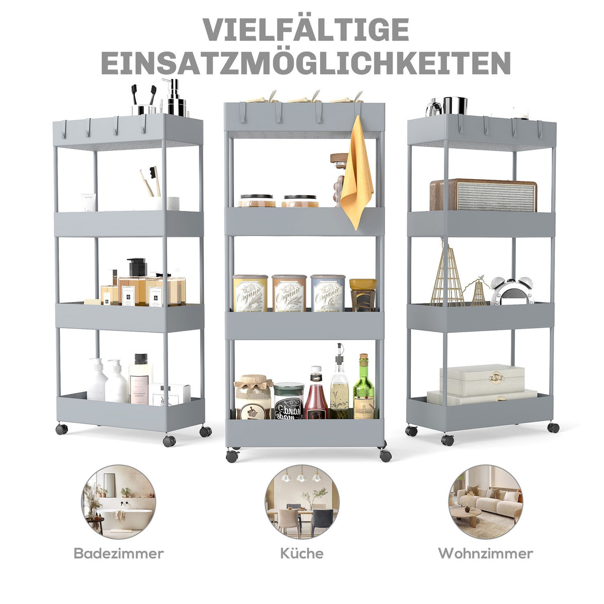 Rolling Trolley, Kitchen Shelf with 4 Tiers, Storage Rack with Wheels, Kitchen Trolley with Brakes, Serving Trolley for Kitchen, Bedroom, Living Room, Plastic, Gray, 40 x 19 x 90 cm |