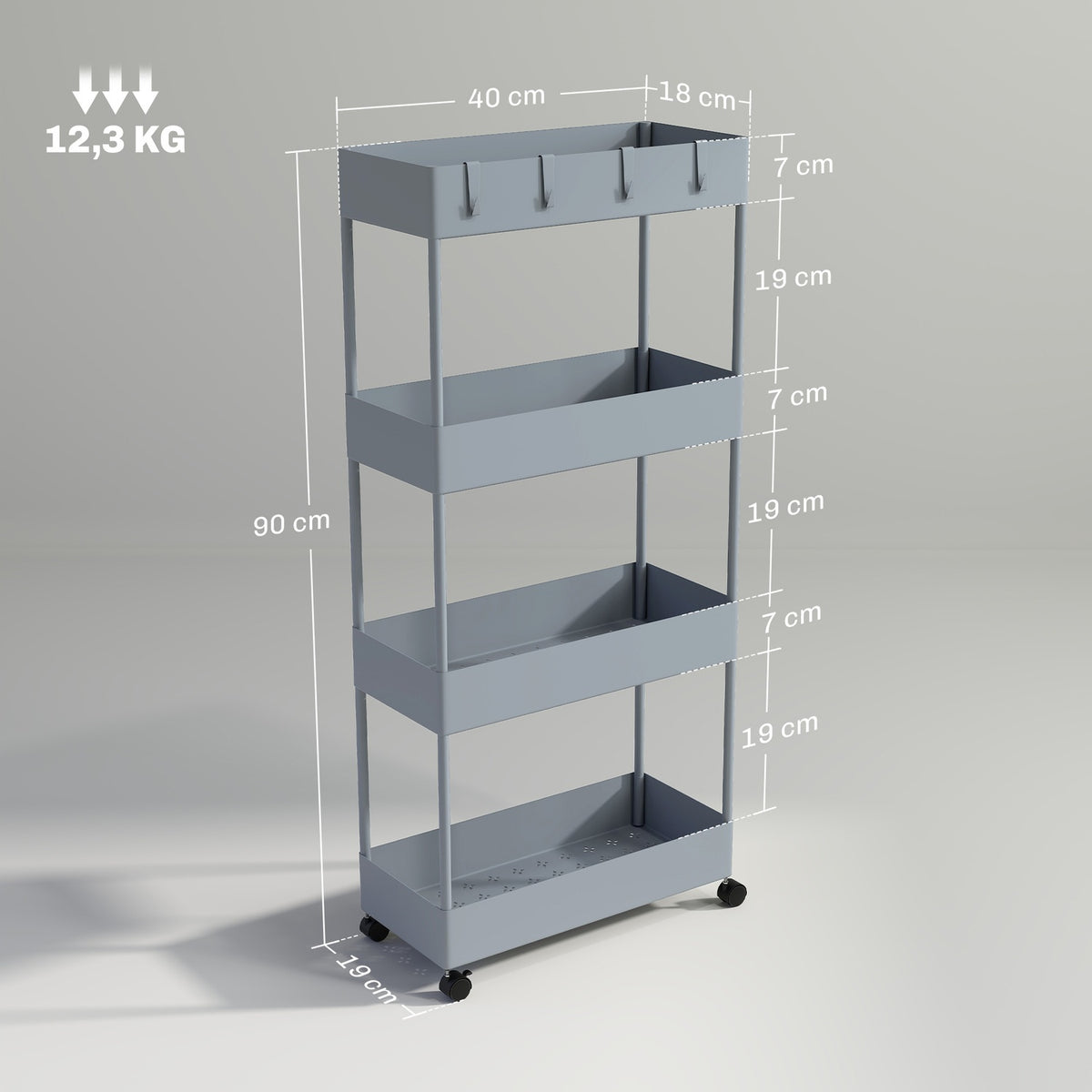 Rolling Trolley, Kitchen Shelf with 4 Tiers, Storage Rack with Wheels, Kitchen Trolley with Brakes, Serving Trolley for Kitchen, Bedroom, Living Room, Plastic, Gray, 40 x 19 x 90 cm |