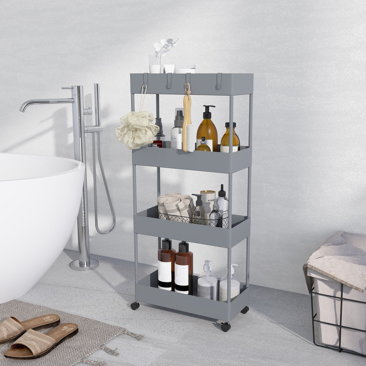 Rolling Trolley, Kitchen Shelf with 4 Tiers, Storage Rack with Wheels, Kitchen Trolley with Brakes, Serving Trolley for Kitchen, Bedroom, Living Room, Plastic, Gray, 40 x 19 x 90 cm |