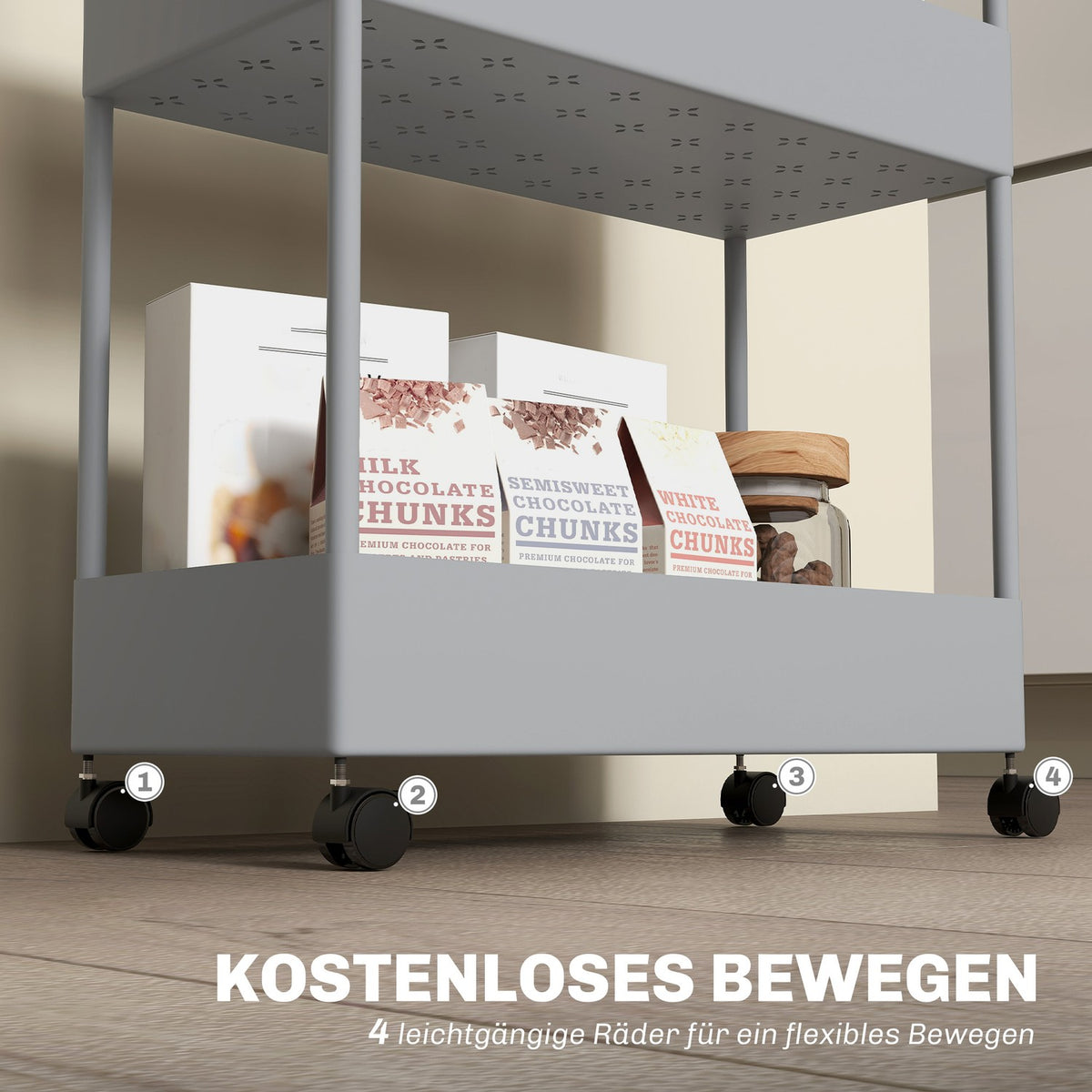 Rolling Trolley, Kitchen Shelf with 4 Tiers, Storage Rack with Wheels, Kitchen Trolley with Brakes, Serving Trolley for Kitchen, Bedroom, Living Room, Plastic, Gray, 40 x 19 x 90 cm |