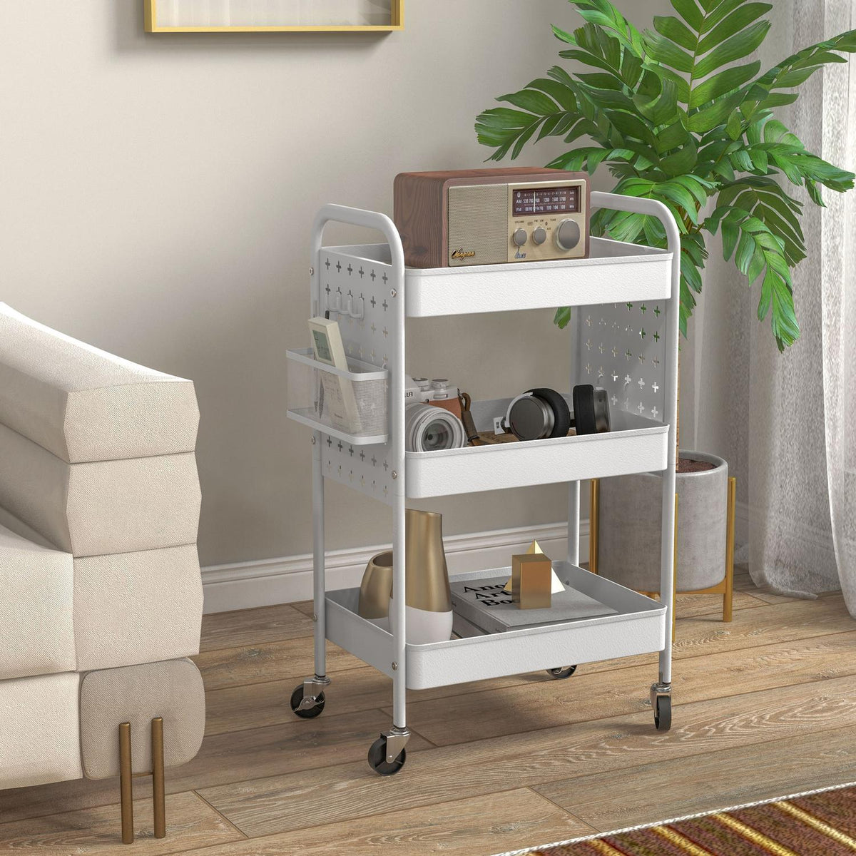 Rolling Trolley Serving Trolley With 3 Tiers & 2 Hanging Baskets Storage Trolley For Kitchen Living Room Steel White