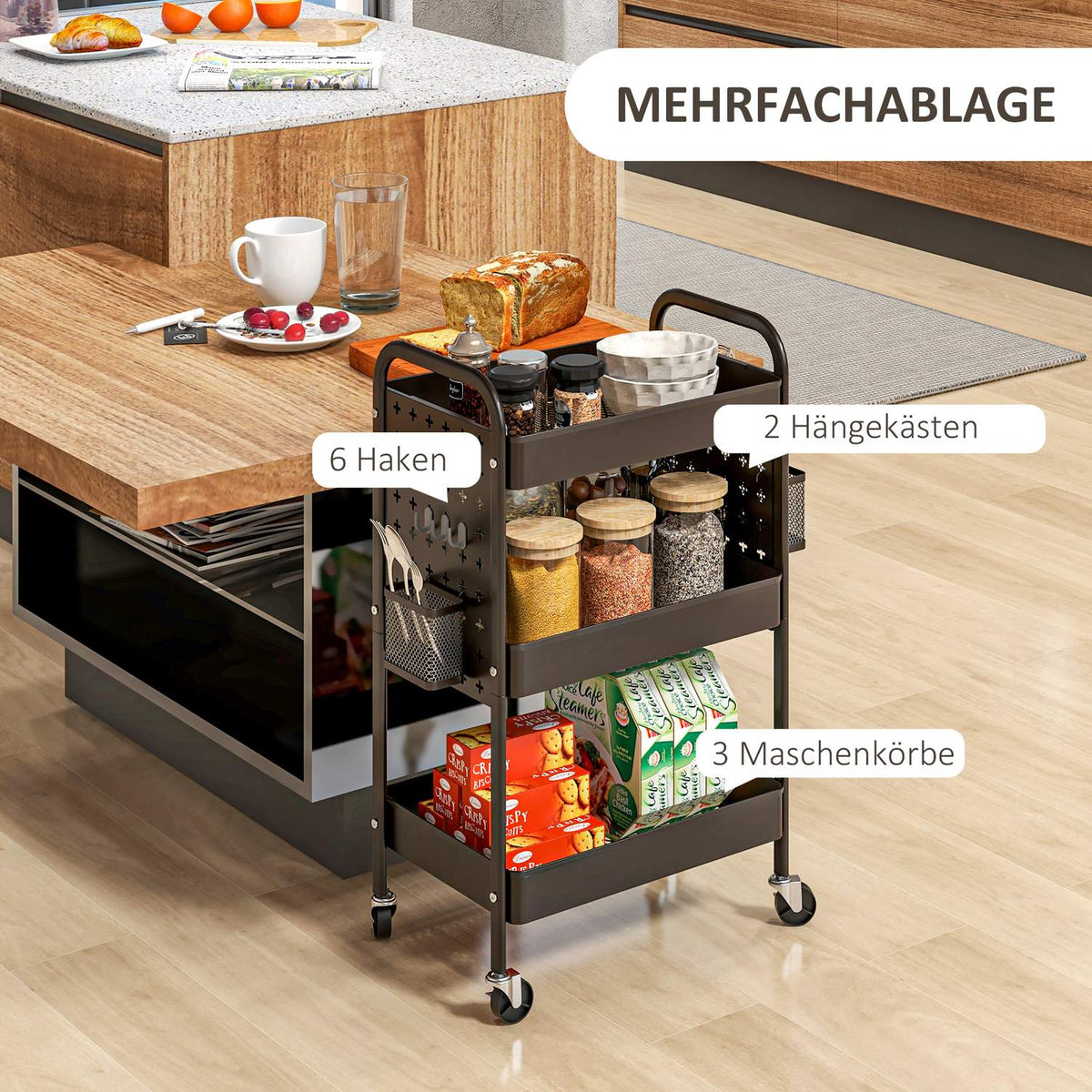 Rolling Trolley Serving Trolley With 3 Tiers & 2 Hanging Baskets, Storage Trolley With Handle, Kitchen Trolley, Steel, Black