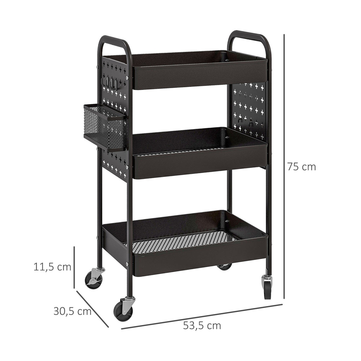 Rolling Trolley Serving Trolley With 3 Tiers & 2 Hanging Baskets, Storage Trolley With Handle, Kitchen Trolley, Steel, Black