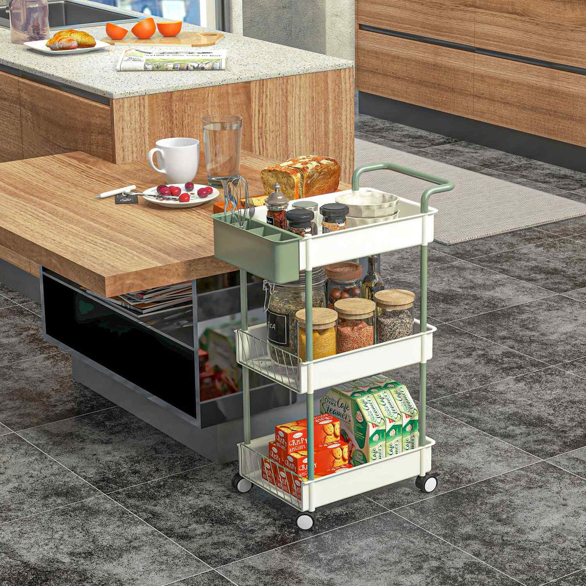 Rolling Trolley, Serving Trolley With 3 Tiers And Hanging Basket, Storage Trolley With Handle, Kitchen Trolley, Steel, White