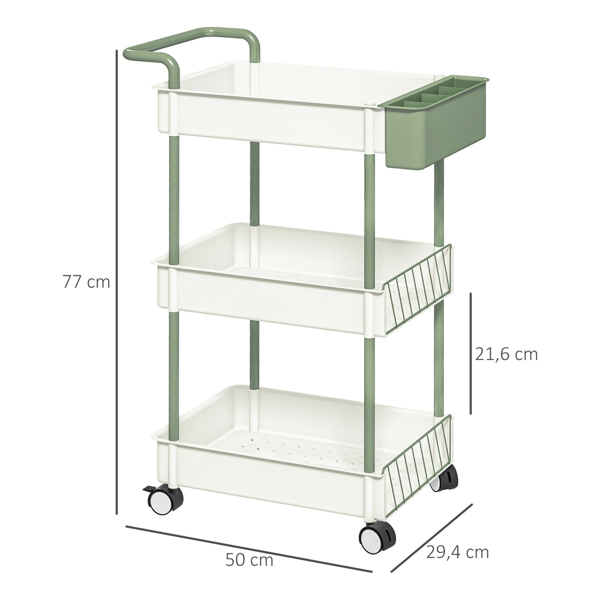 Rolling Trolley, Serving Trolley With 3 Tiers And Hanging Basket, Storage Trolley With Handle, Kitchen Trolley, Steel, White